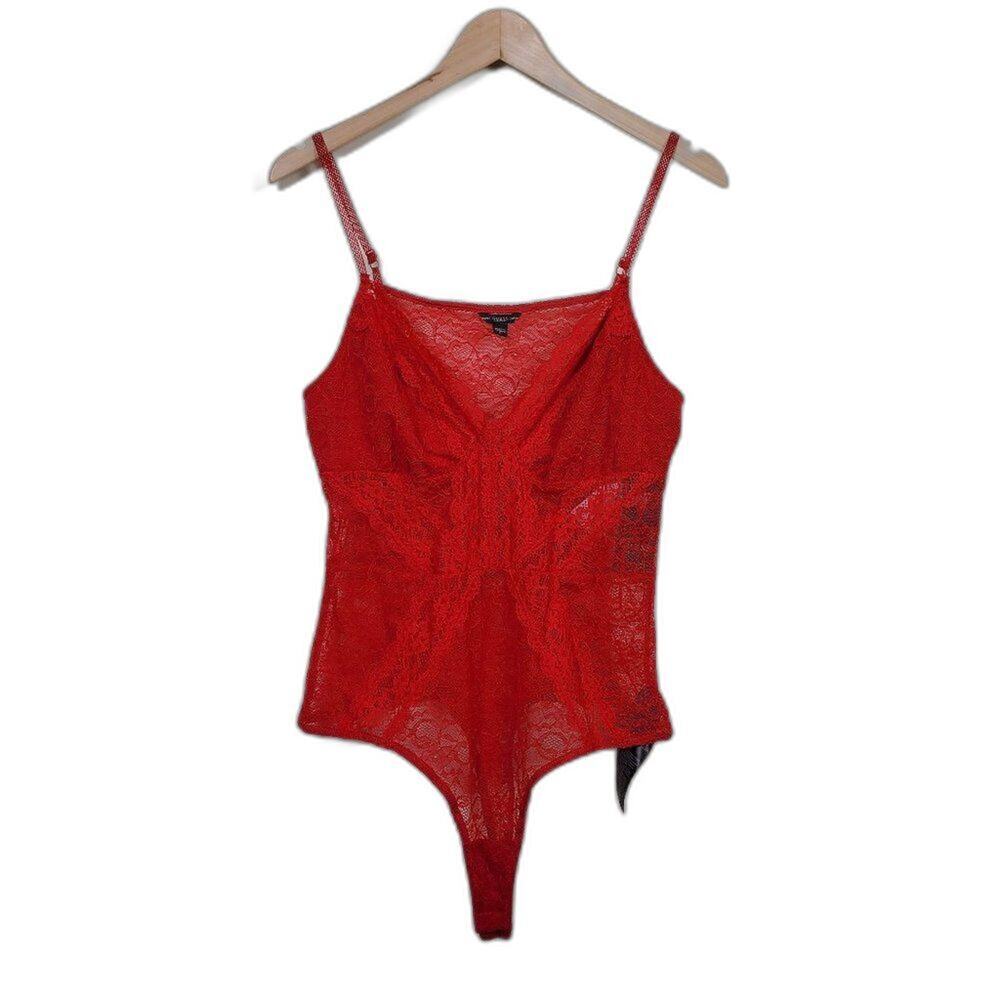 Guess Scarlett Lace Bodysuit Red Lace Scalloped Trim Adjustable Women Size L NEW